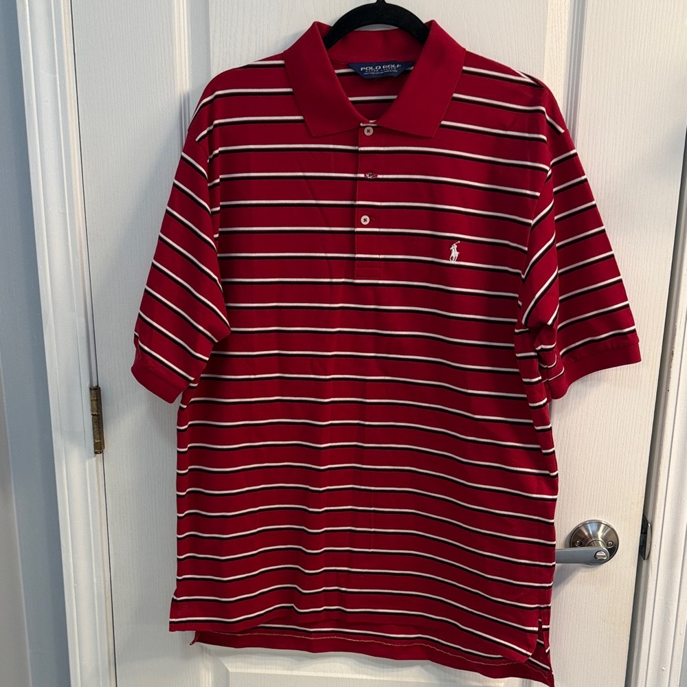 Polo Golf  by Ralph Lauren Men's Striped Red Shirt Size Large- 100% Pima Cotton